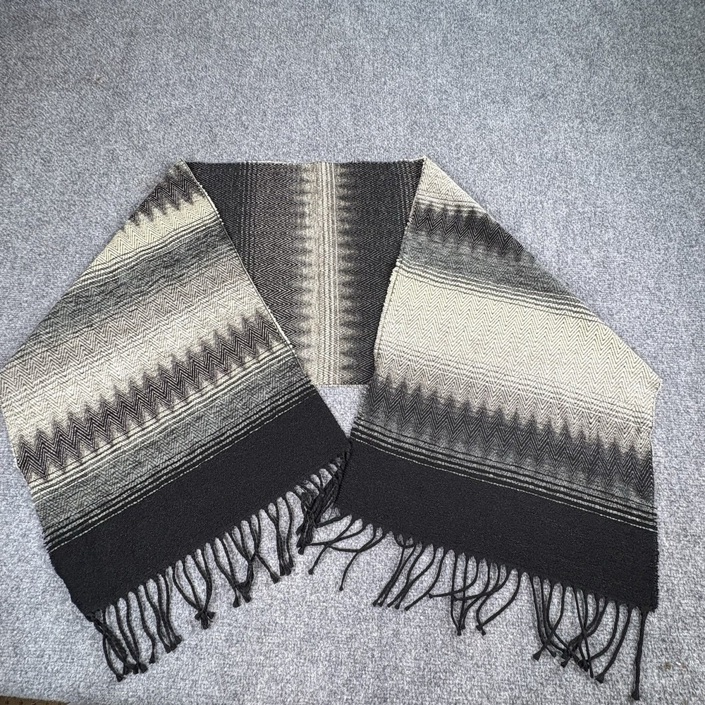 Vintage 90s Y2K Chenille Fringe Scarf 63x15 Black Chevron‎ Stripe Italy Boho